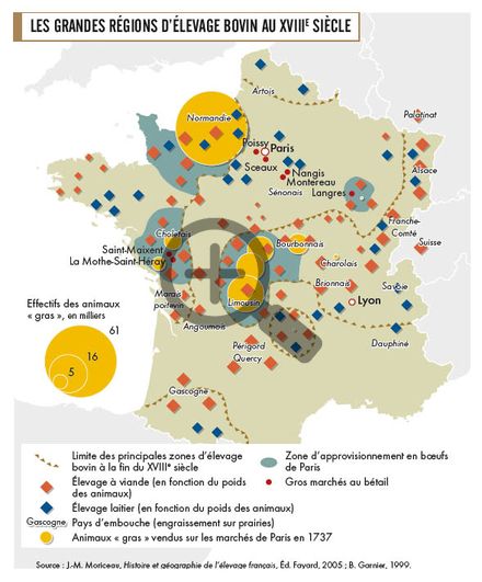 Les grandes régions d'élevage bovin au 18e siècle