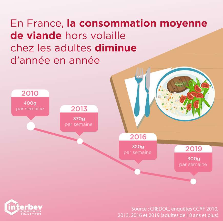 En France, la consommation moyenne de viande* diminue d’année en année