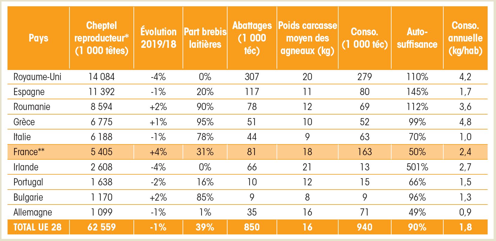 Cheptel, production et consommation de viande ovine dans l'union européenne en 2019