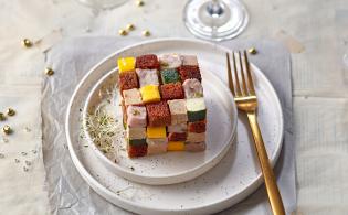 Rubik’s cube de veau, pain d’épices, foie gras, courgettes