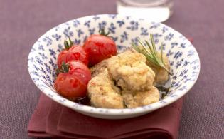 Cervelle de porc croustillante aux tomates confites et caramel au balsamique