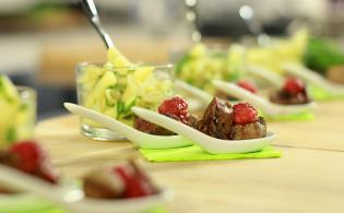 Cuillère de foie de veau au vinaigre de framboise, pennes comme un pastasotto