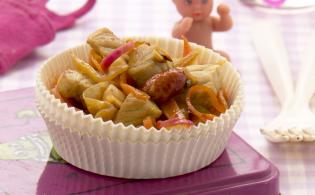 Wok de veau, tagliatelles de légumes et pralins d'arachides