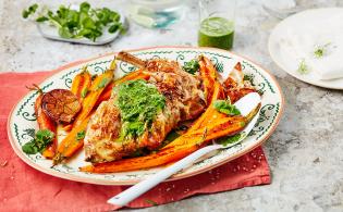 Gigot de chevreau aux carottes rôties et coulis de cresson