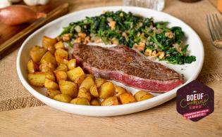 Rumsteck de boeuf aux épinards, noix et pommes de terre rôties