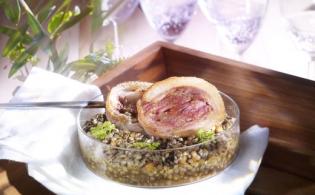 « Tournedos » de tête de veau, marmelade tiède de lentilles au vinaigre balsamiq