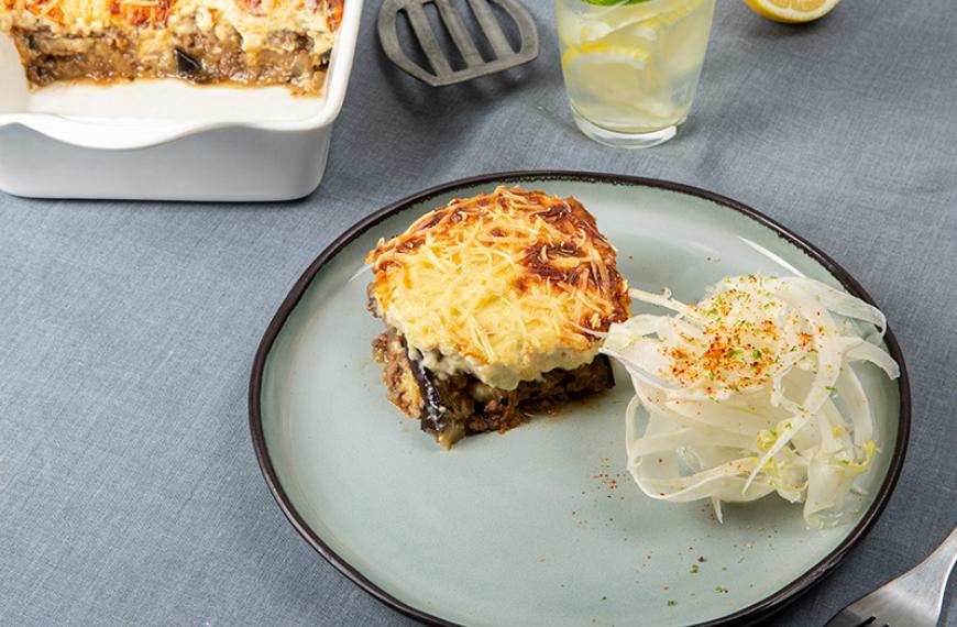 Moussaka de bœuf, salade de fenouil au citron