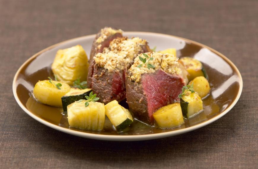 Côte de boeuf gratinée à la Gremolata et légumes en escalivade