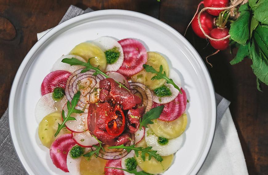 Carpaccio multicolore de bœuf, betteraves