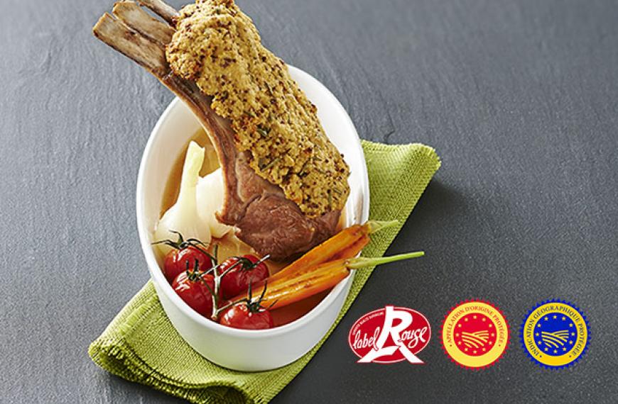 Carrés d’agneau en croûte de moutarde, petits légumes nouveaux Carrés d’agneau en croûte de moutarde, petits légumes nouveaux