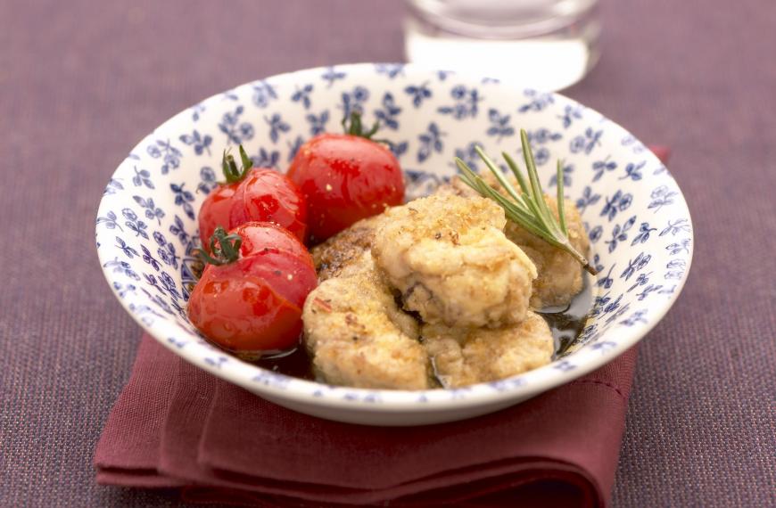 Cervelle de porc croustillante aux tomates confites et caramel au balsamique