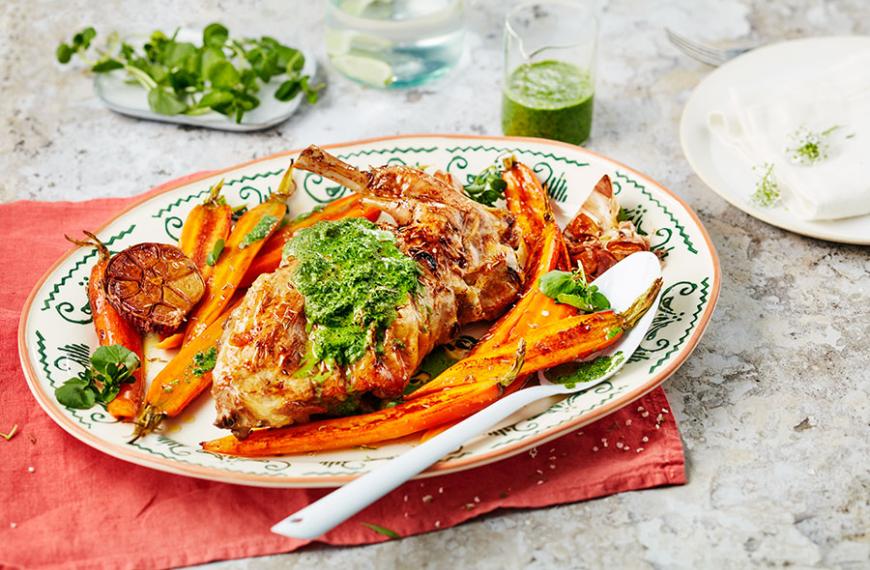 Gigot de chevreau aux carottes rôties et coulis de cresson