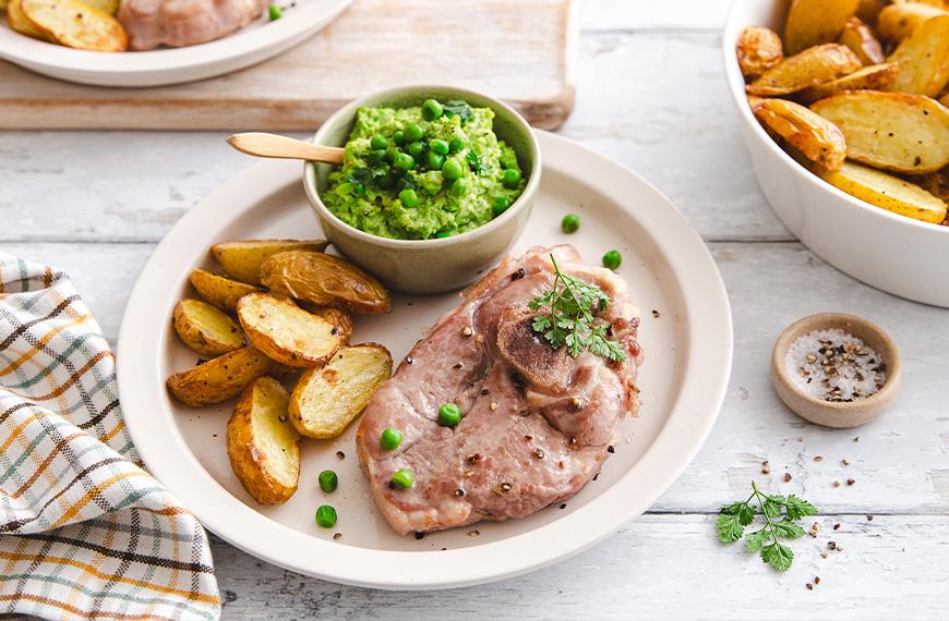Gigot de chevreau, houmous de petits pois