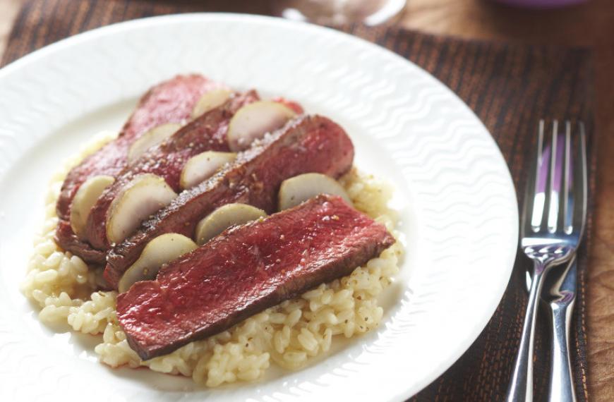 Paleron de boeuf à la crème d’échalotes et risotto aux topinambours