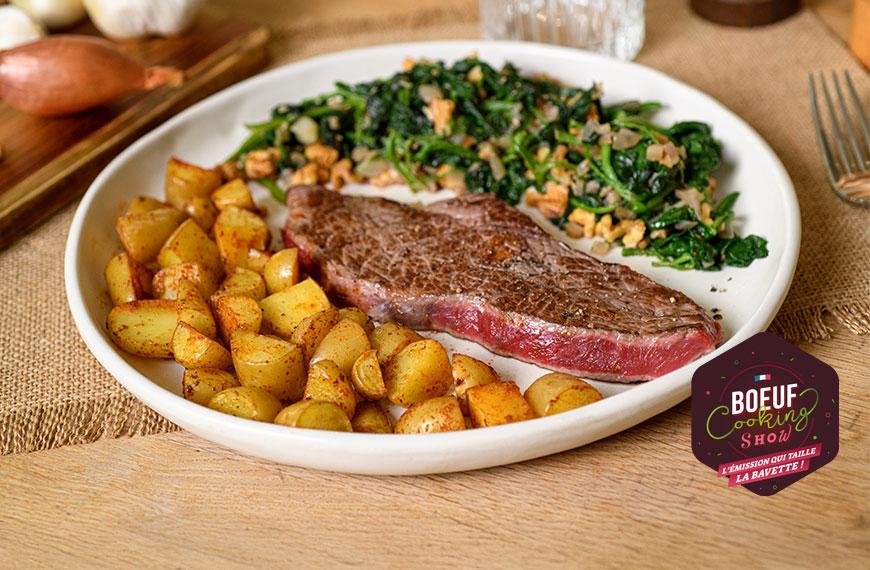 Rumsteck de boeuf aux épinards, noix et pommes de terre rôties