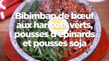 Bibimbap de bœuf aux haricots verts, pousses d'épinards et pousses de soja