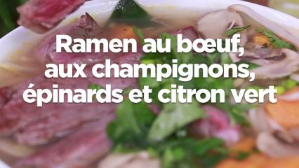 Ramen au bœuf, aux champignons, épinards et citron vert